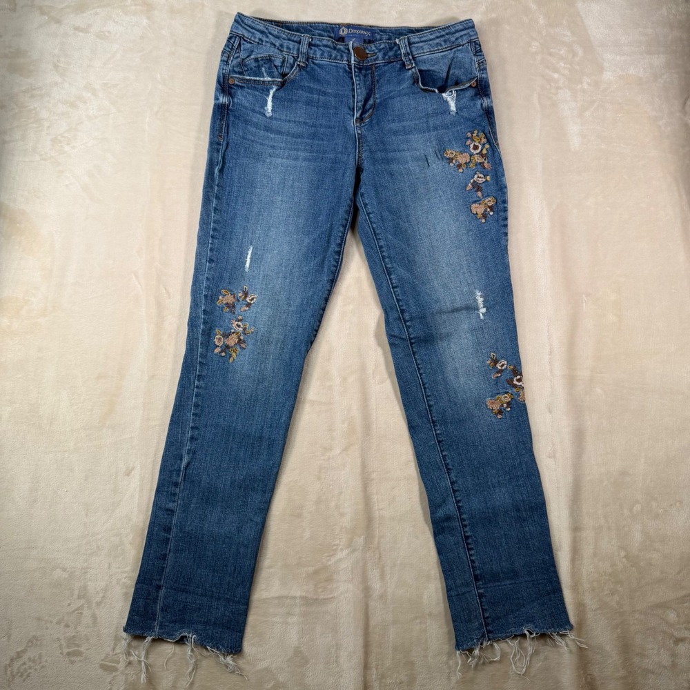 Democracy Floral Embroidered Jeans Womens 4 Straight Leg Blue Distressed Raw Hem